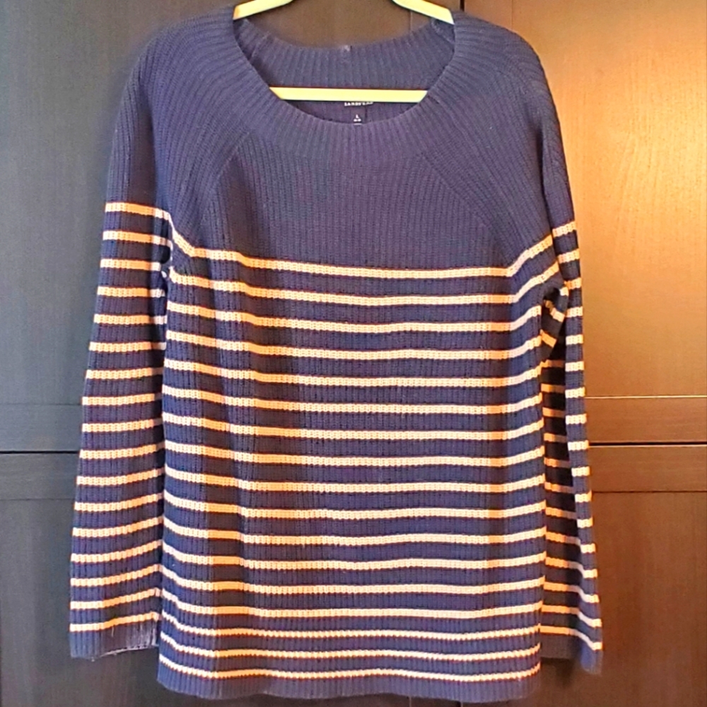 Lands' End Striped Navy Blue and Cream Sweater Size Large 14 - 16